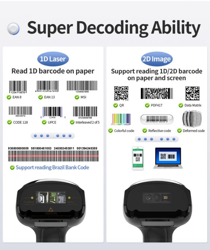 1D and 2D Qr Code Barcode Scanners Wireless Usb Scanning
