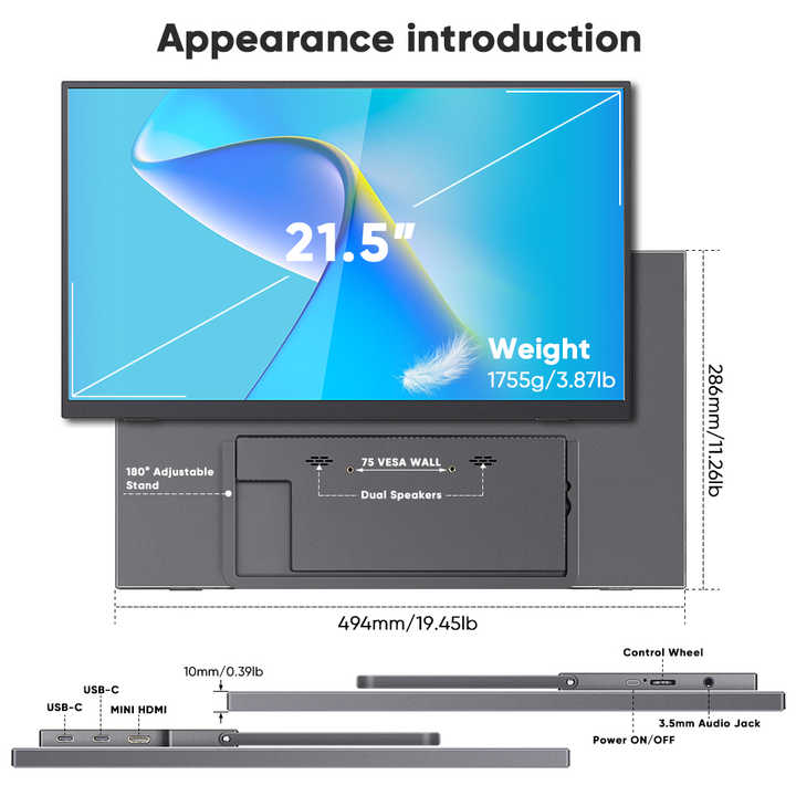 21.5 inch FHD Portable Gaming Monitor 100Hz Dual Screen for Laptop and Desktop