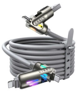 LISEN 240W Chubby USB C Cable Fast Charging 4 in 1 Data Cable 6.6FT Zinc Alloy with Breathing Light for Phone MacBook iPad